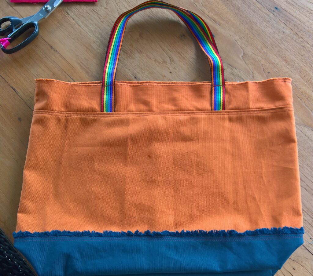 Sample shopping tote with patched canvas